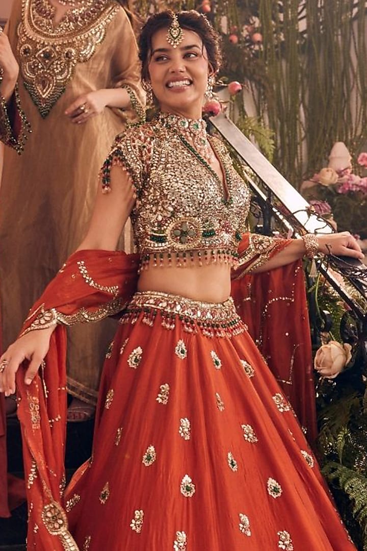 Rust Tissue & Polyester Hand Embellished Bridal Lehenga Set by Swish By dolcy and Simran at Pernia's Pop Up Shop