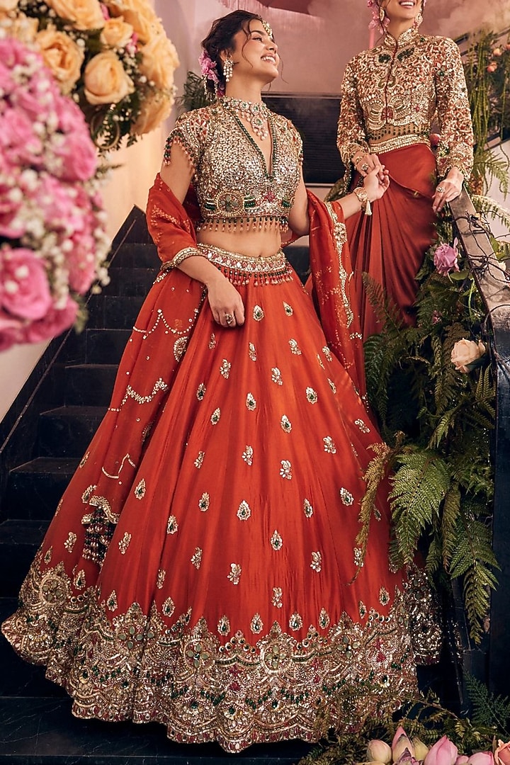 Rust Tissue & Polyester Hand Embellished Bridal Lehenga Set by Swish By dolcy and Simran at Pernia's Pop Up Shop