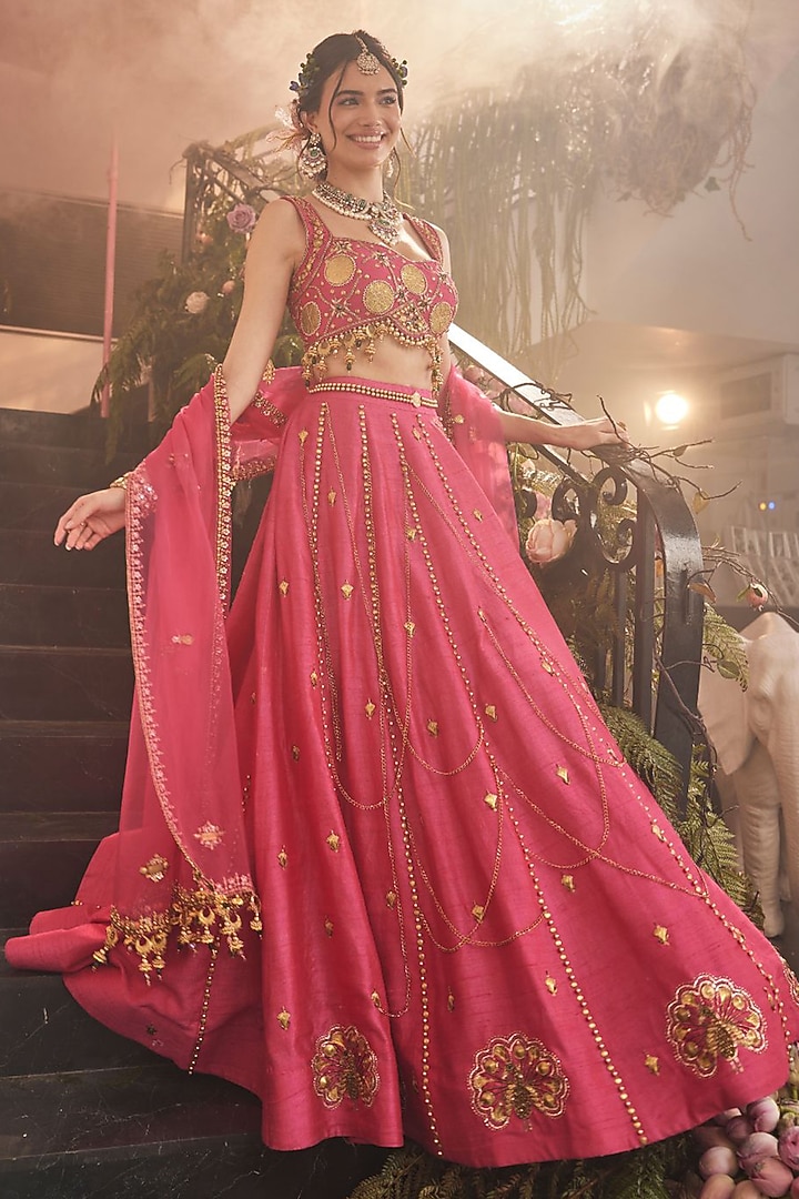 Pink Raw Silk Polyester Hand Embellished Wedding Lehenga Set by Swish By dolcy and Simran at Pernia's Pop Up Shop