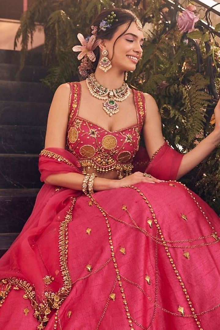 Pink Raw Silk Polyester Hand Embellished Wedding Lehenga Set by Swish By dolcy and Simran at Pernia's Pop Up Shop