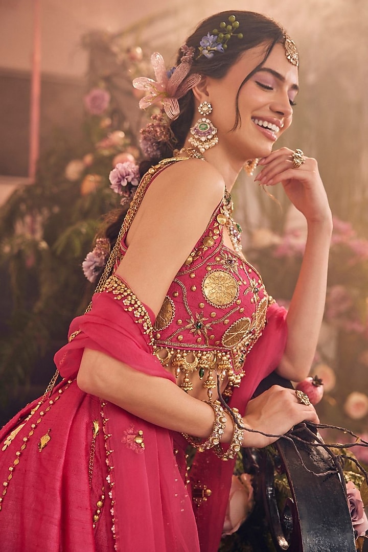 Pink Raw Silk Polyester Hand Embellished Wedding Lehenga Set by Swish By dolcy and Simran at Pernia's Pop Up Shop