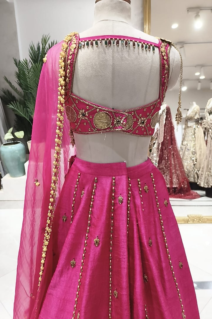 Pink Raw Silk Polyester Hand Embellished Wedding Lehenga Set by Swish By dolcy and Simran at Pernia's Pop Up Shop