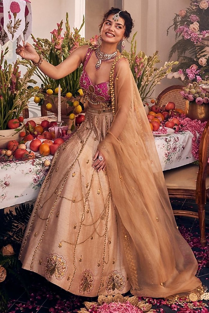 Gold & Pink Raw Silk Hand Embellished Wedding Lehenga Set by Swish By dolcy and Simran at Pernia's Pop Up Shop