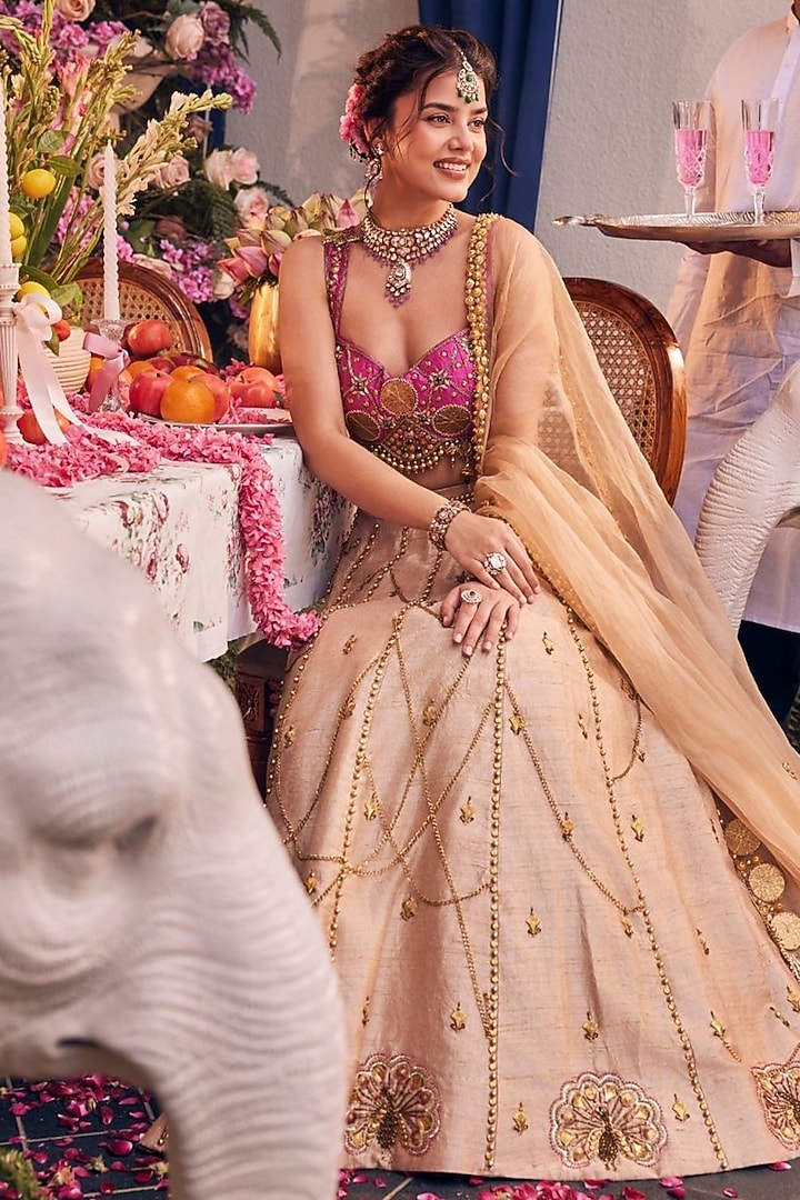 Gold & Pink Raw Silk Hand Embellished Wedding Lehenga Set by Swish By dolcy and Simran at Pernia's Pop Up Shop