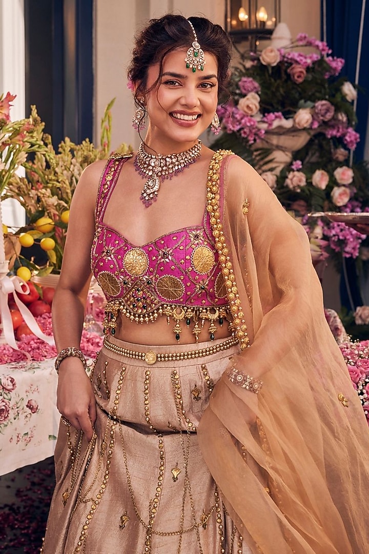 Gold & Pink Raw Silk Hand Embellished Wedding Lehenga Set by Swish By dolcy and Simran at Pernia's Pop Up Shop