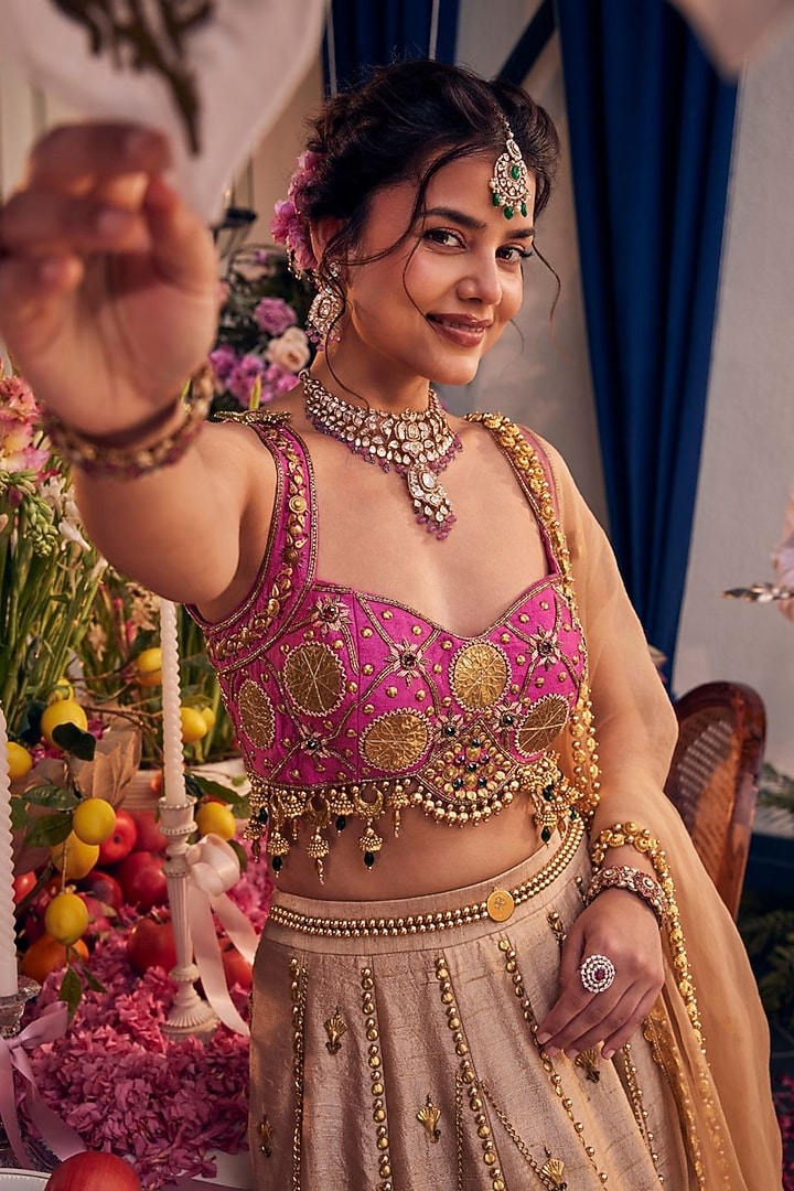 Gold & Pink Raw Silk Hand Embellished Wedding Lehenga Set by Swish By dolcy and Simran at Pernia's Pop Up Shop