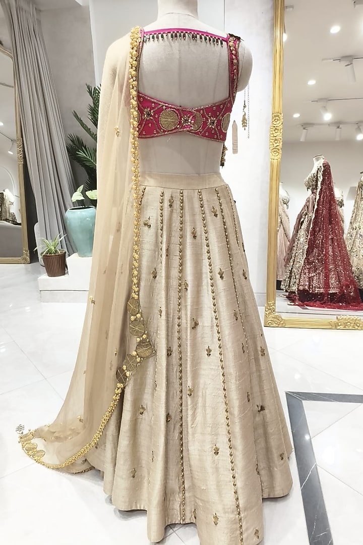 Gold & Pink Raw Silk Hand Embellished Wedding Lehenga Set by Swish By dolcy and Simran at Pernia's Pop Up Shop