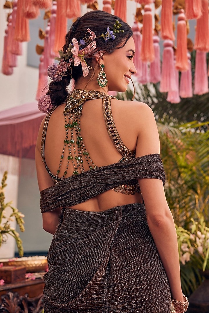 Brown Lycra Pre-Draped Wedding Saree Set by Swish By dolcy and Simran at Pernia's Pop Up Shop