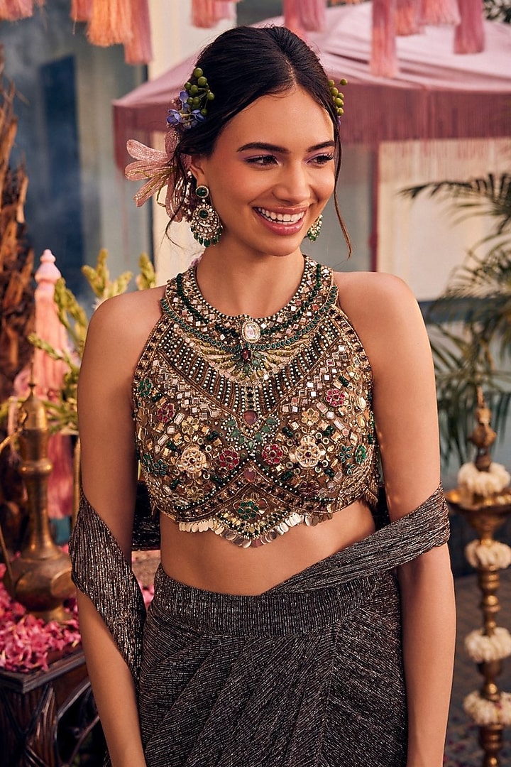 Brown Lycra Pre-Draped Wedding Saree Set by Swish By dolcy and Simran at Pernia's Pop Up Shop
