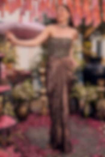 Brown Lycra Hand Embellished Draped Skirt set by Swish By dolcy and Simran at Pernia's Pop Up Shop
