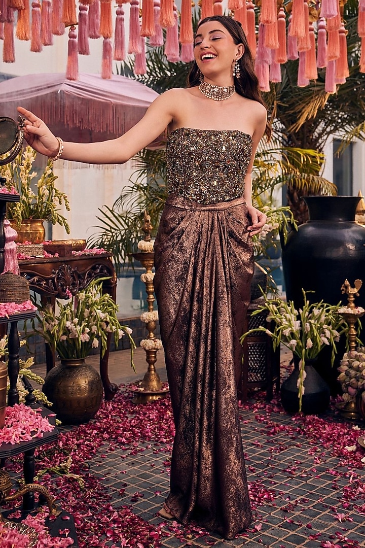 Brown Lycra Hand Embellished Draped Skirt set by Swish By dolcy and Simran at Pernia's Pop Up Shop