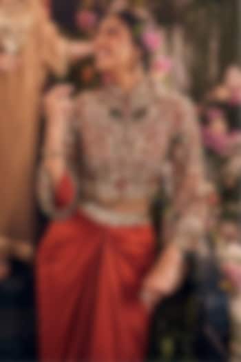 Rust Crepe Hand Embellished Draped Skirt set by Swish By dolcy and Simran at Pernia's Pop Up Shop