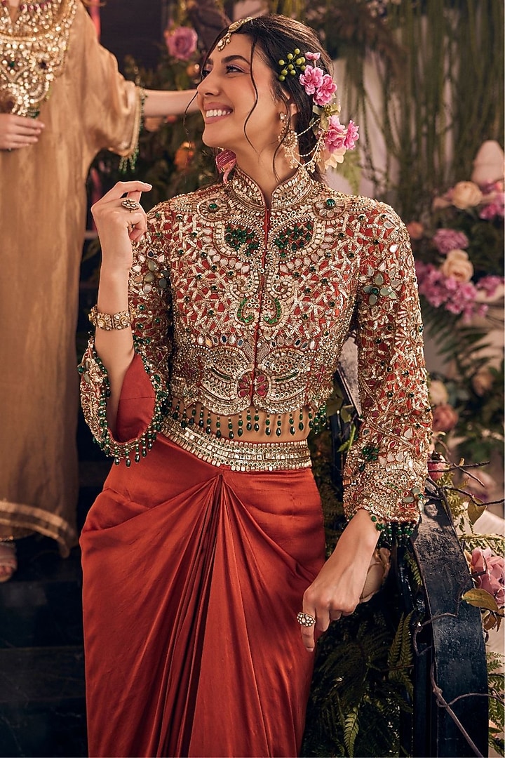 Rust Crepe Hand Embellished Draped Skirt set by Swish By dolcy and Simran at Pernia's Pop Up Shop