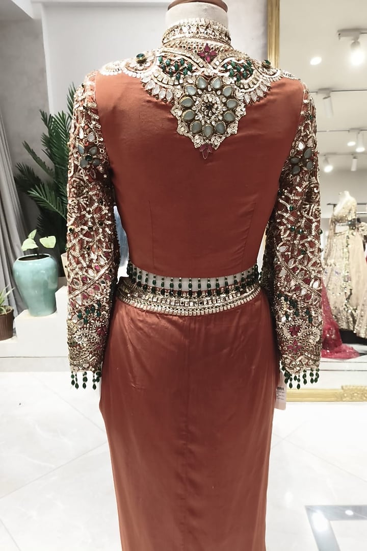 Rust Crepe Hand Embellished Draped Skirt set by Swish By dolcy and Simran at Pernia's Pop Up Shop