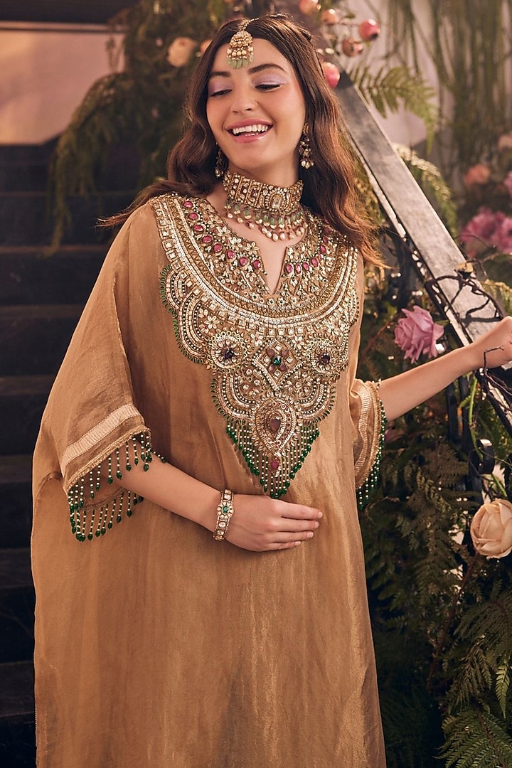 Gold Tissue & Polyester Hand Embellished Kaftan Set by Swish By dolcy and Simran at Pernia's Pop Up Shop