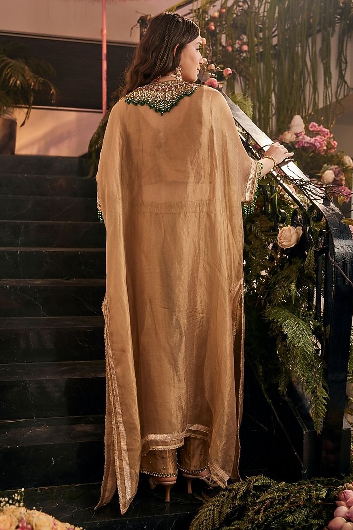 Gold Tissue & Polyester Hand Embellished Kaftan Set by Swish By dolcy and Simran at Pernia's Pop Up Shop