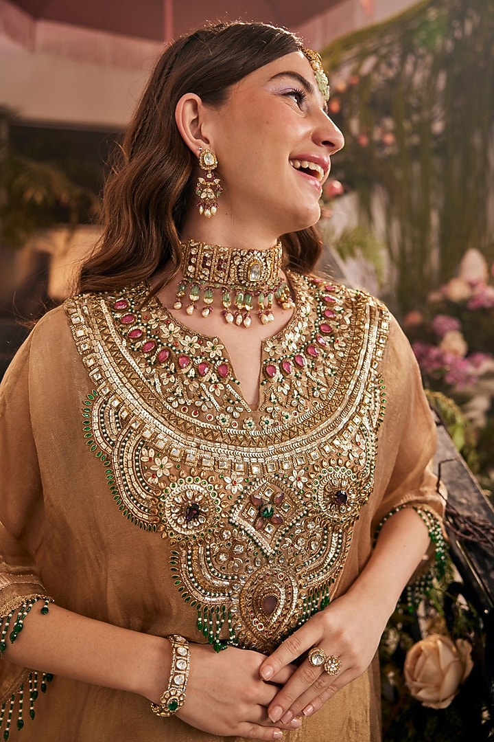 Gold Tissue & Polyester Hand Embellished Kaftan Set by Swish By dolcy and Simran at Pernia's Pop Up Shop