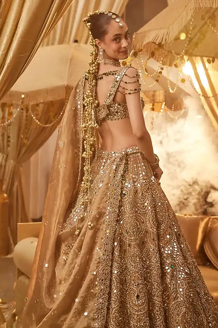 Golden Tissue Mirror Embellished Bridal Lehenga Set by Swish By dolcy and Simran at Pernia's Pop Up Shop