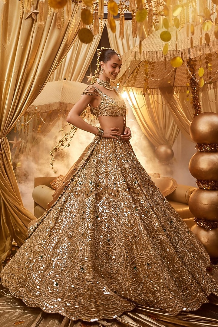 Golden Tissue Mirror Embellished Bridal Lehenga Set by Swish By dolcy and Simran at Pernia's Pop Up Shop
