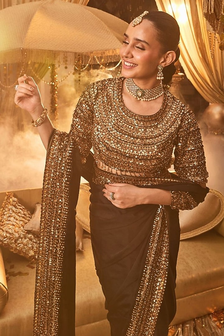Black Tissue Hand Embellished Reception Saree Set by Swish By dolcy and Simran at Pernia's Pop Up Shop