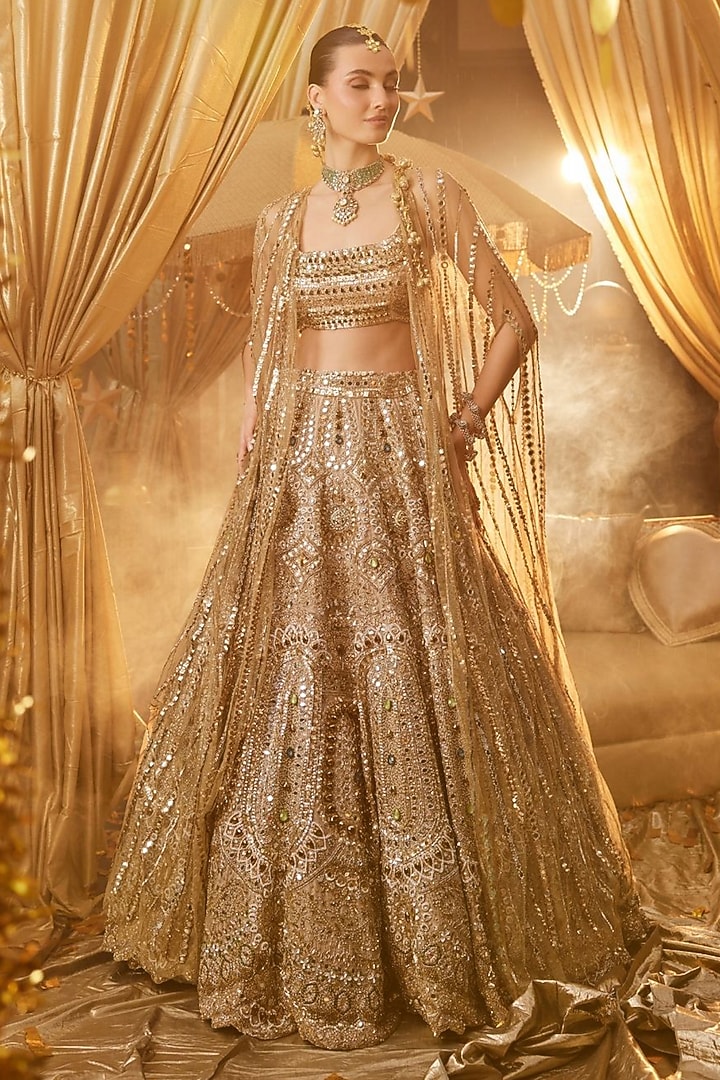 Golden Tissue Hand Embellished Bridal Lehenga Set by Swish By dolcy and Simran at Pernia's Pop Up Shop