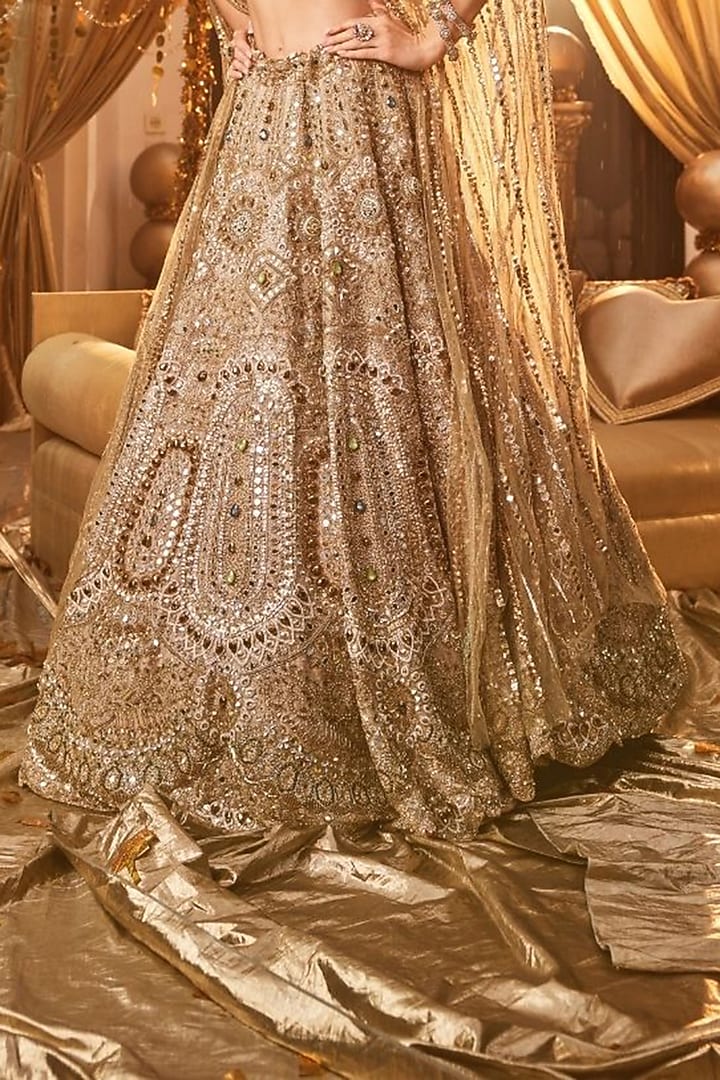 Golden Tissue Hand Embellished Bridal Lehenga Set by Swish By dolcy and Simran at Pernia's Pop Up Shop