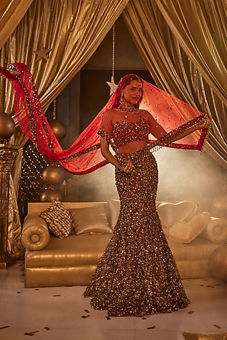 Deep Red Net Hand Embellished Lehenga Set by Swish By dolcy and Simran