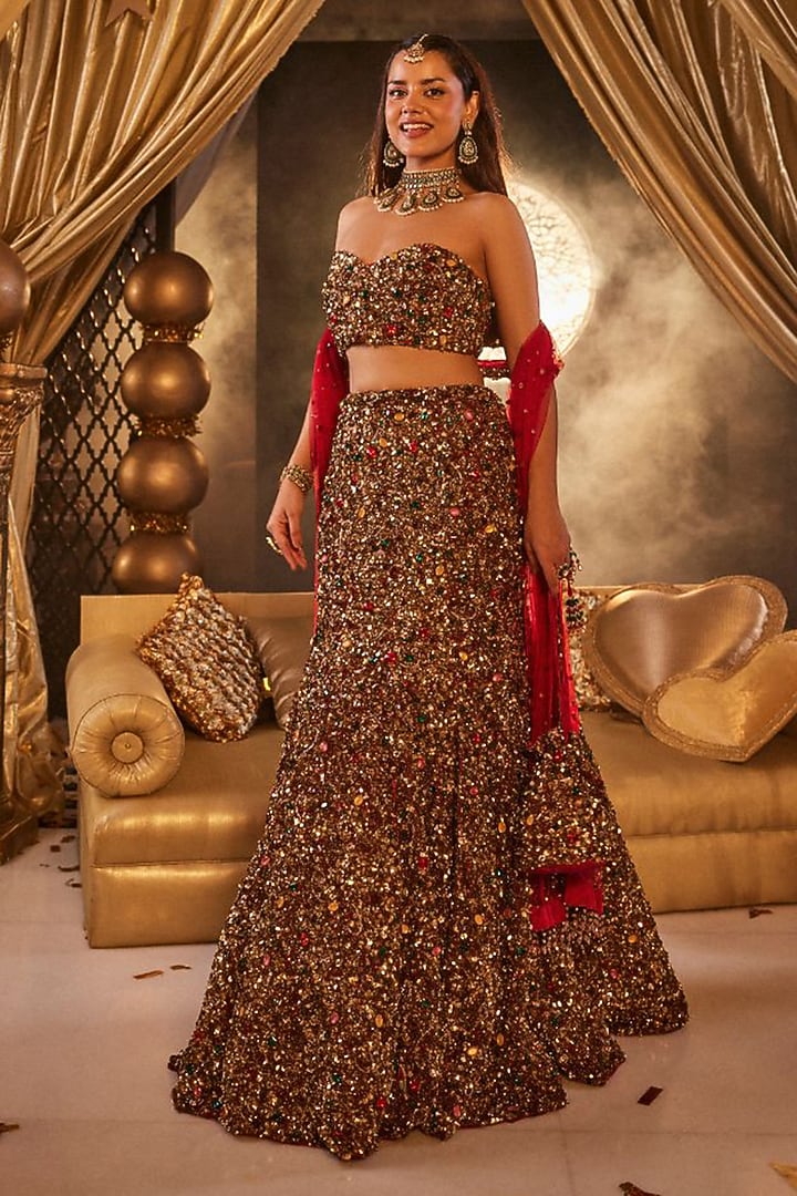 Deep Red Net Hand Embellished Bridal Lehenga Set by Swish By dolcy and Simran at Pernia's Pop Up Shop
