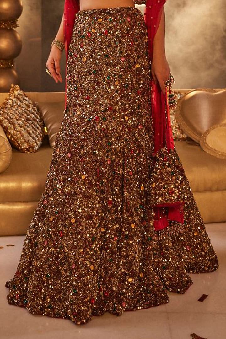 Deep Red Net Hand Embellished Bridal Lehenga Set by Swish By dolcy and Simran at Pernia's Pop Up Shop