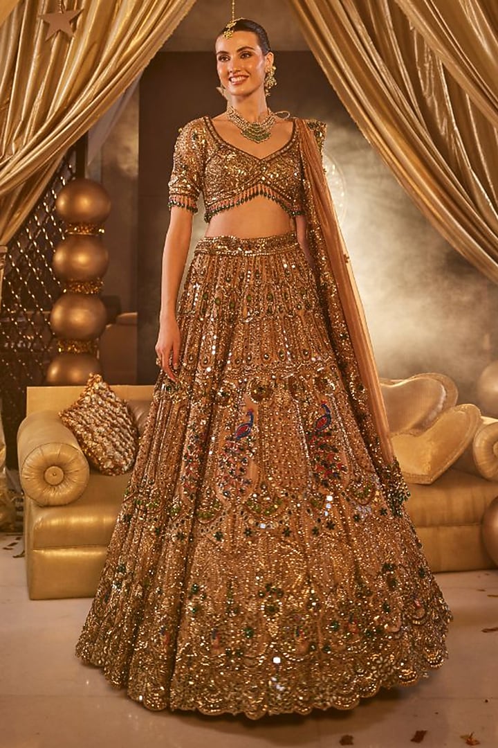 Golden Tissue & Organza Hand Embellished Bridal Lehenga Set by Swish By dolcy and Simran at Pernia's Pop Up Shop