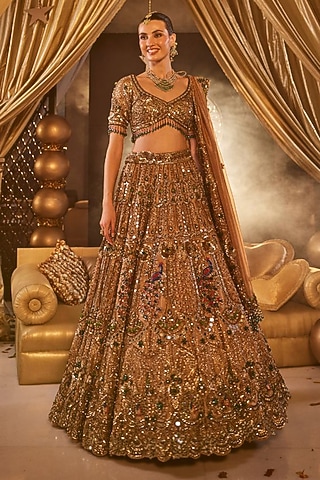 Golden Tissue & Organza Hand Embellished Lehenga Set by Swish By dolcy and Simran