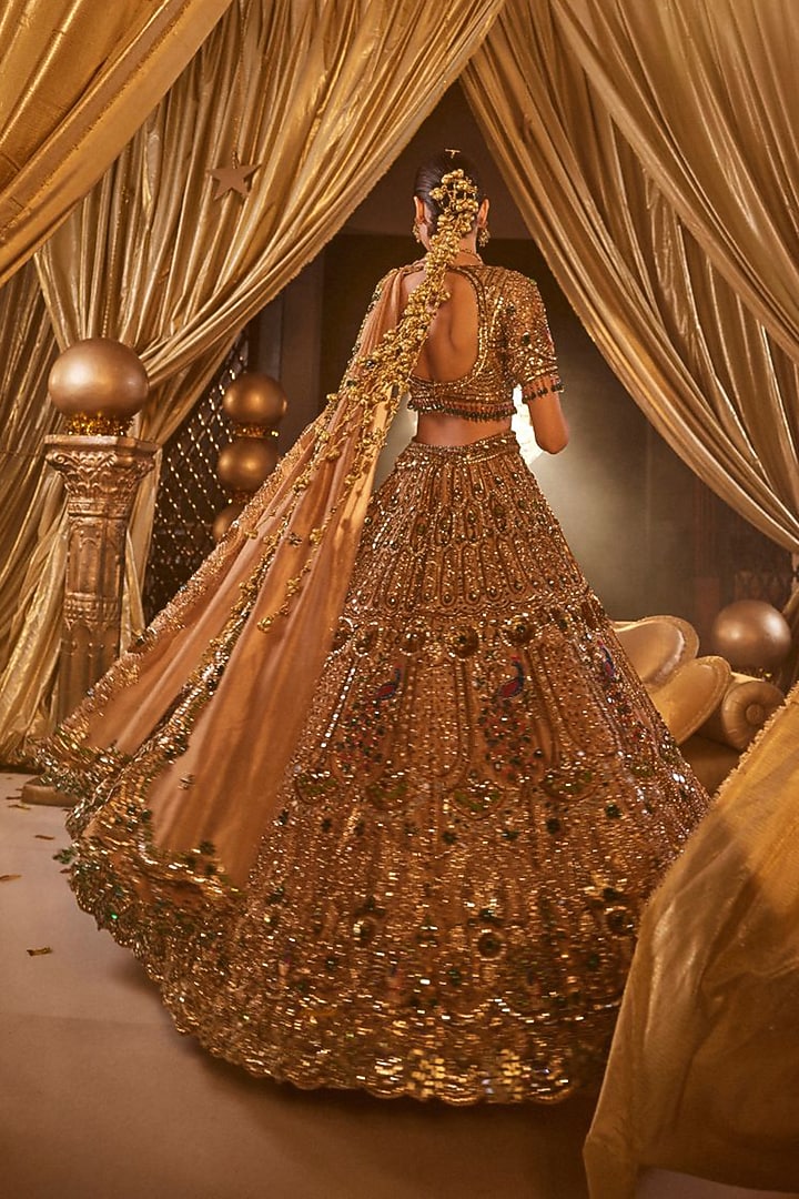Golden Tissue & Organza Hand Embellished Bridal Lehenga Set by Swish By dolcy and Simran at Pernia's Pop Up Shop