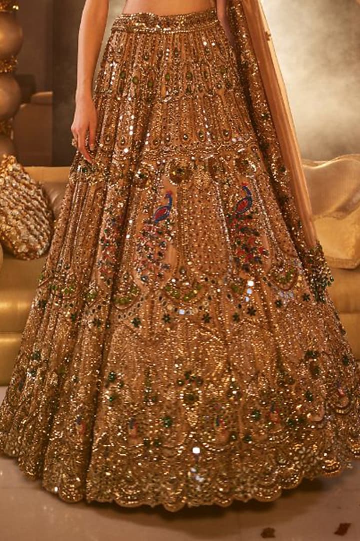 Golden Tissue & Organza Hand Embellished Bridal Lehenga Set by Swish By dolcy and Simran at Pernia's Pop Up Shop