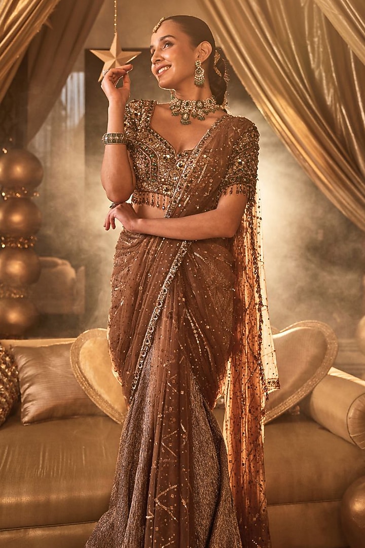 Dark Golden Tissue Hand Embellished Reception Saree Set by Swish By dolcy and Simran at Pernia's Pop Up Shop