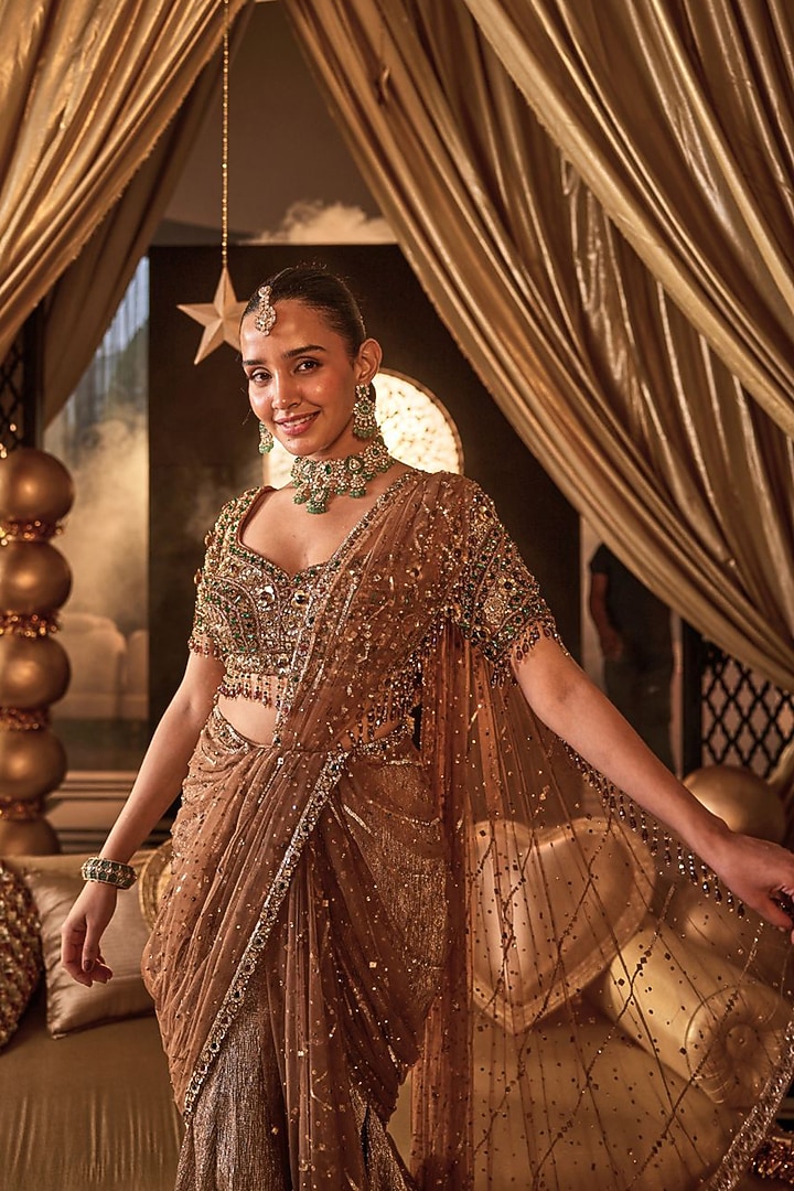 Dark Golden Tissue Hand Embellished Reception Saree Set by Swish By dolcy and Simran at Pernia's Pop Up Shop