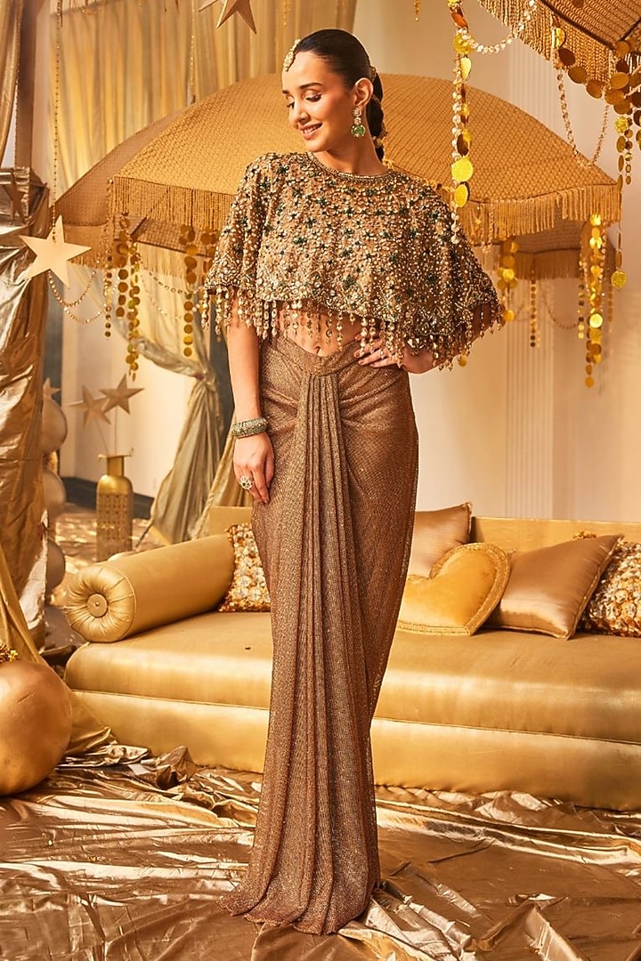 Golden Polyester Draped Skirt Set by Swish By dolcy and Simran at Pernia's Pop Up Shop