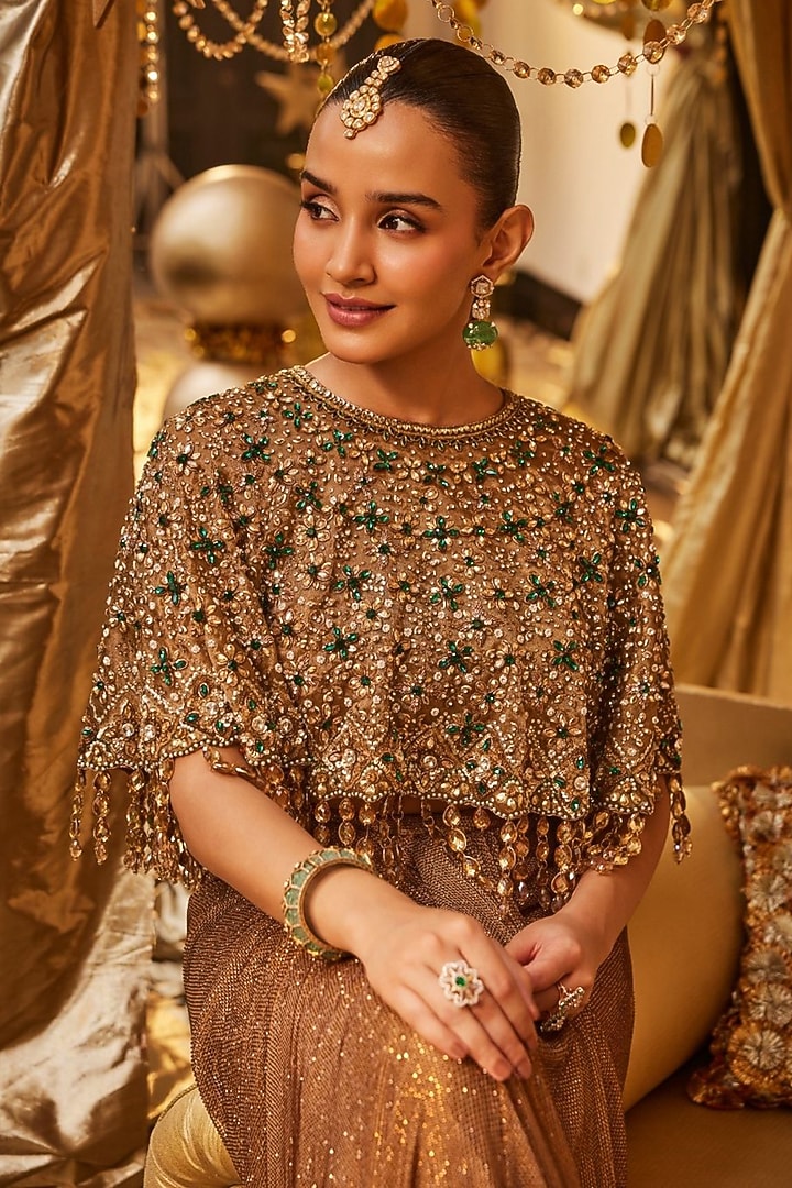 Golden Polyester Draped Skirt Set by Swish By dolcy and Simran at Pernia's Pop Up Shop