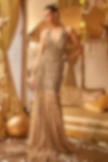 Golden Net Hand Embellished Pleated Bridal Gown by Swish By dolcy and Simran at Pernia's Pop Up Shop