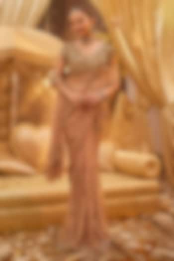 Golden Tissue Hand Embellished Draped Reception Saree Set by Swish By dolcy and Simran at Pernia's Pop Up Shop