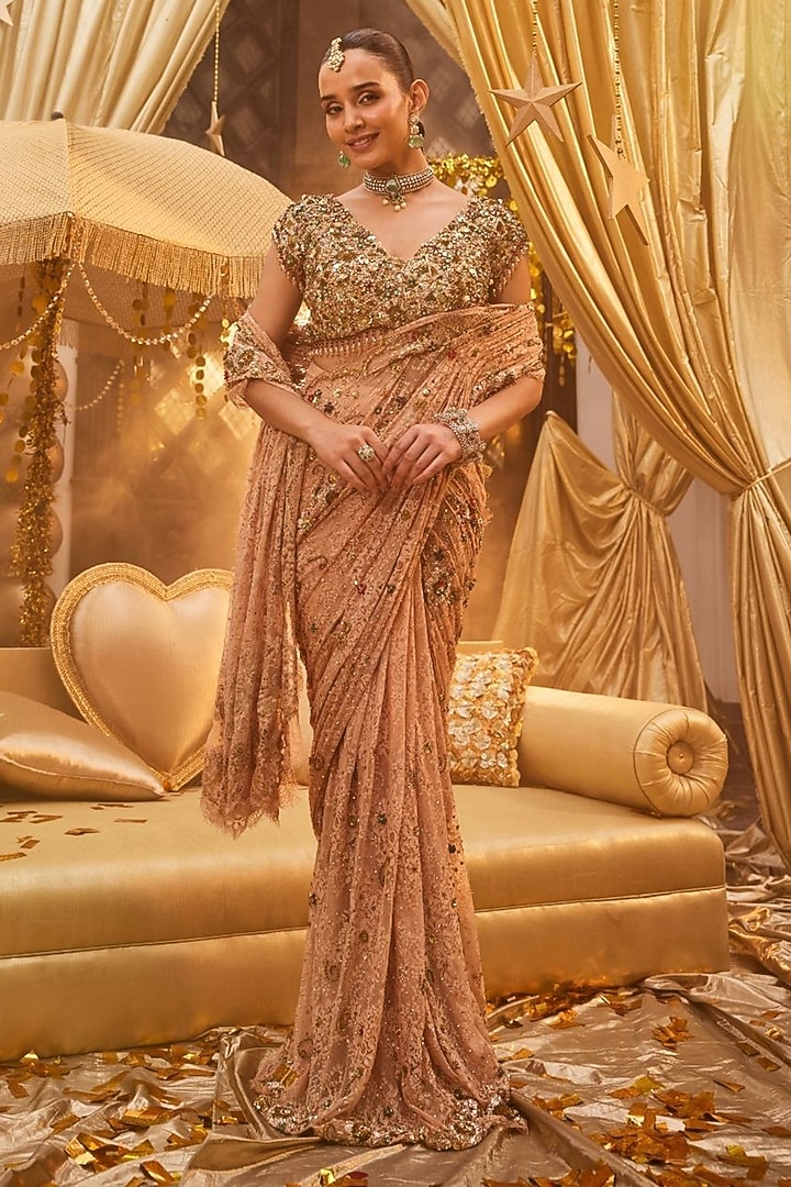 Golden Tissue Hand Embellished Draped Reception Saree Set by Swish By dolcy and Simran at Pernia's Pop Up Shop