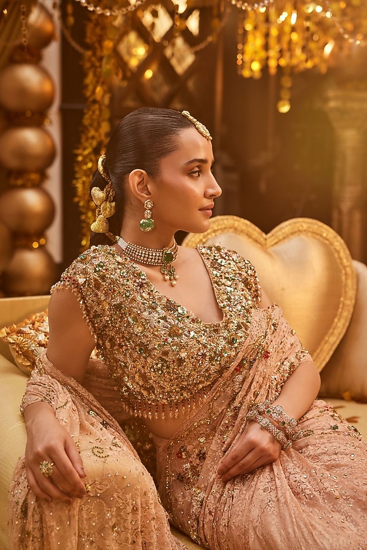 Golden Tissue Hand Embellished Draped Reception Saree Set by Swish By dolcy and Simran at Pernia's Pop Up Shop