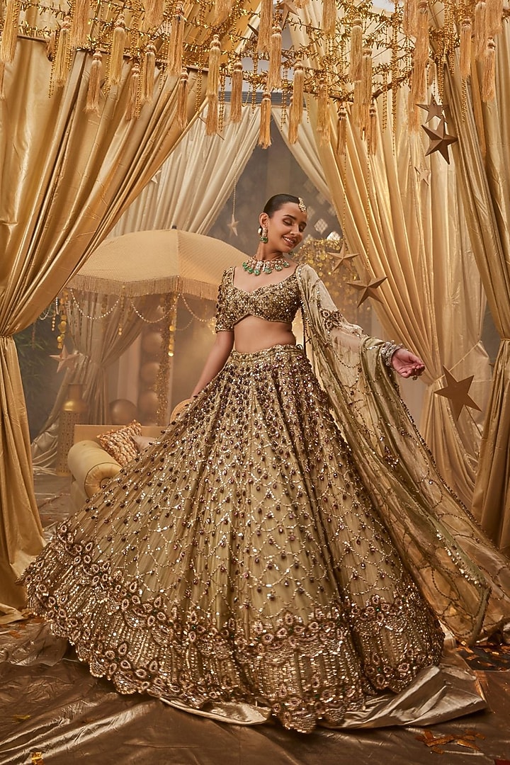 Olive Tissue Hand Embellished Bridal Lehenga Set by Swish By dolcy and Simran at Pernia's Pop Up Shop