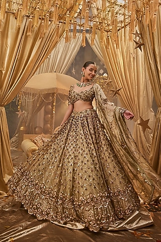 Olive Tissue Hand Embellished Lehenga Set by Swish By dolcy and Simran