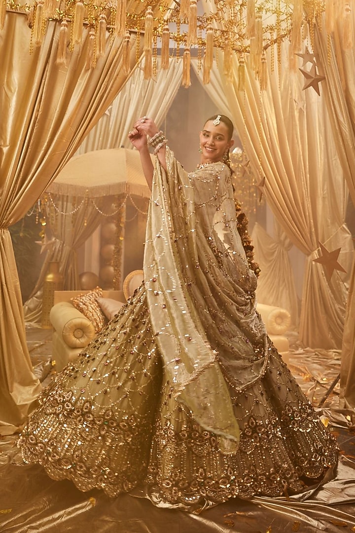 Olive Tissue Hand Embellished Bridal Lehenga Set by Swish By dolcy and Simran at Pernia's Pop Up Shop