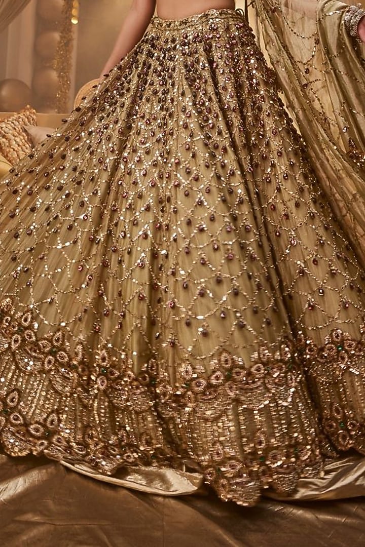 Olive Tissue Hand Embellished Bridal Lehenga Set by Swish By dolcy and Simran at Pernia's Pop Up Shop