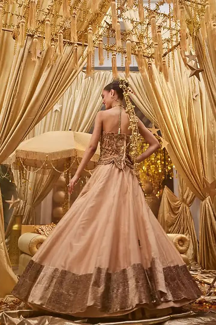 Golden Tissue Hand Embellished Wedding Lehenga Set by Swish By dolcy and Simran at Pernia's Pop Up Shop