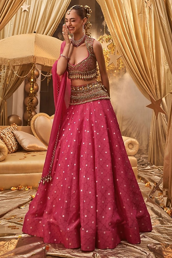 Pink Banarasi Hand Embellished Wedding Lehenga Set by Swish By dolcy and Simran at Pernia's Pop Up Shop