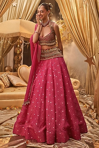 Pink Banarasi Hand Embellished Lehenga Set by Swish By dolcy and Simran