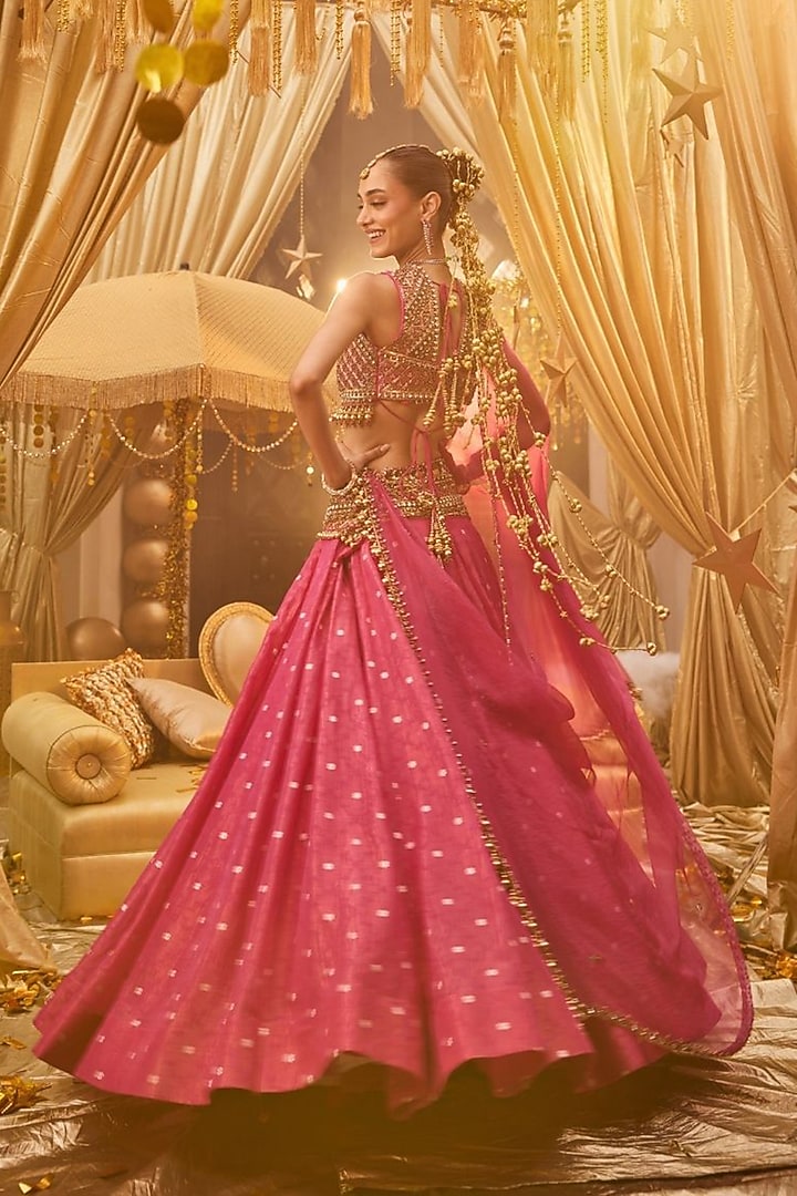 Pink Banarasi Hand Embellished Wedding Lehenga Set by Swish By dolcy and Simran at Pernia's Pop Up Shop