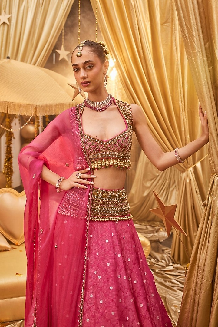 Pink Banarasi Hand Embellished Wedding Lehenga Set by Swish By dolcy and Simran at Pernia's Pop Up Shop